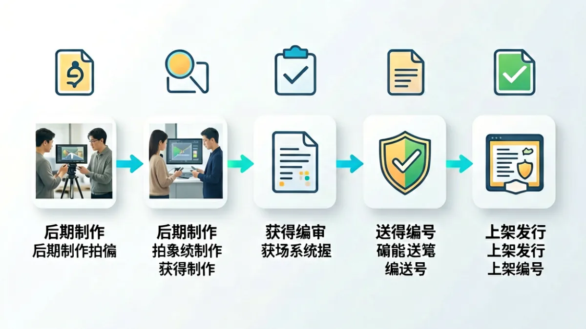 日本成人影像审查流程与番号编码规则的图解，展示从拍摄到获得发行编号各环节的流程框架